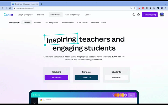 Gif of Canva for Education Overview site